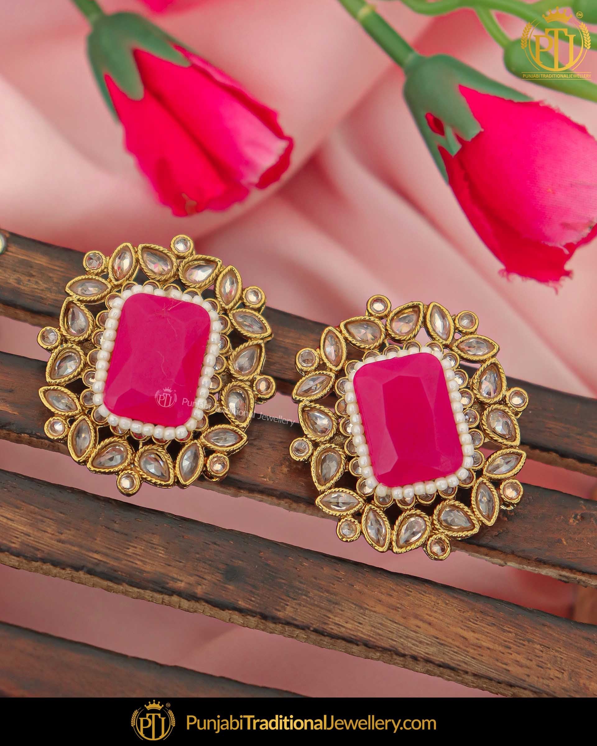 Dark Pink Resin Stone and Pearl Stud Earrings  PAYA